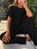 Casual Loose Short Sleeve Top and High Waist Trousers Suit