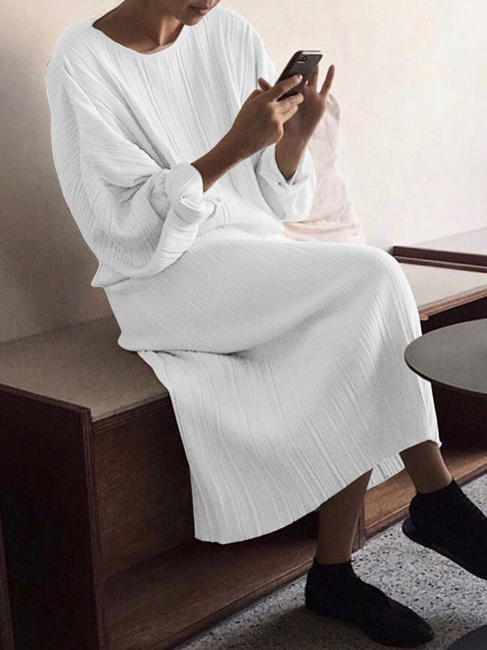 Casual Loose Solid Color Round Neck Long Sleeve Dress