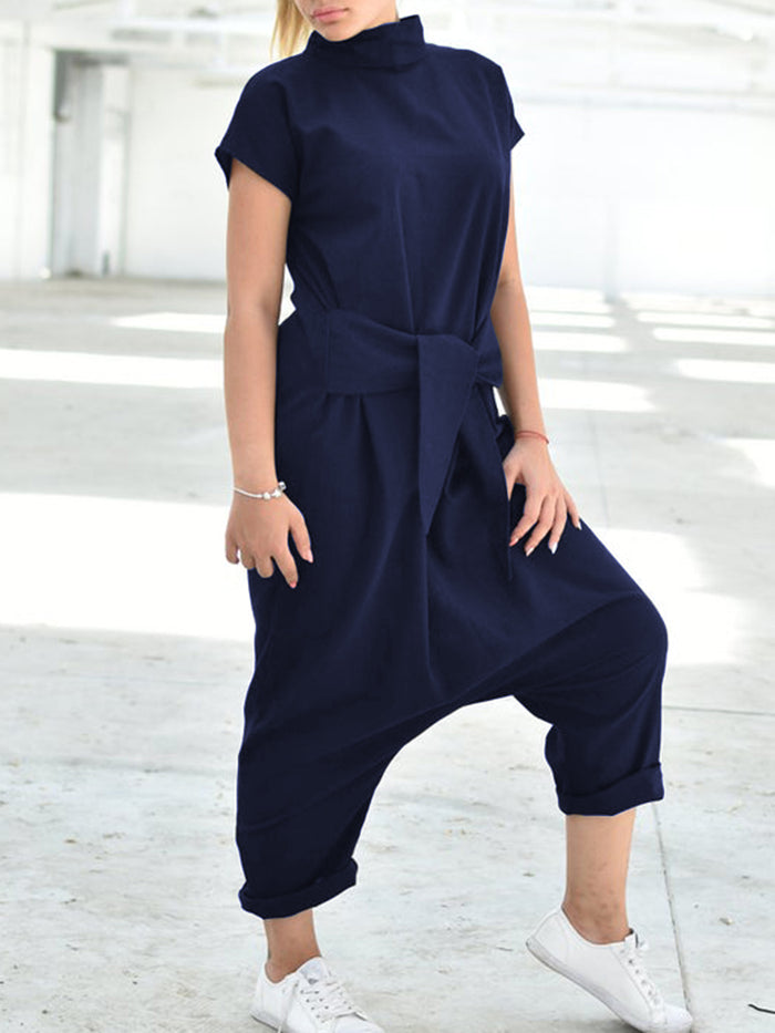 Casual Loose Solid Color Short Sleeve Jumpsuit
