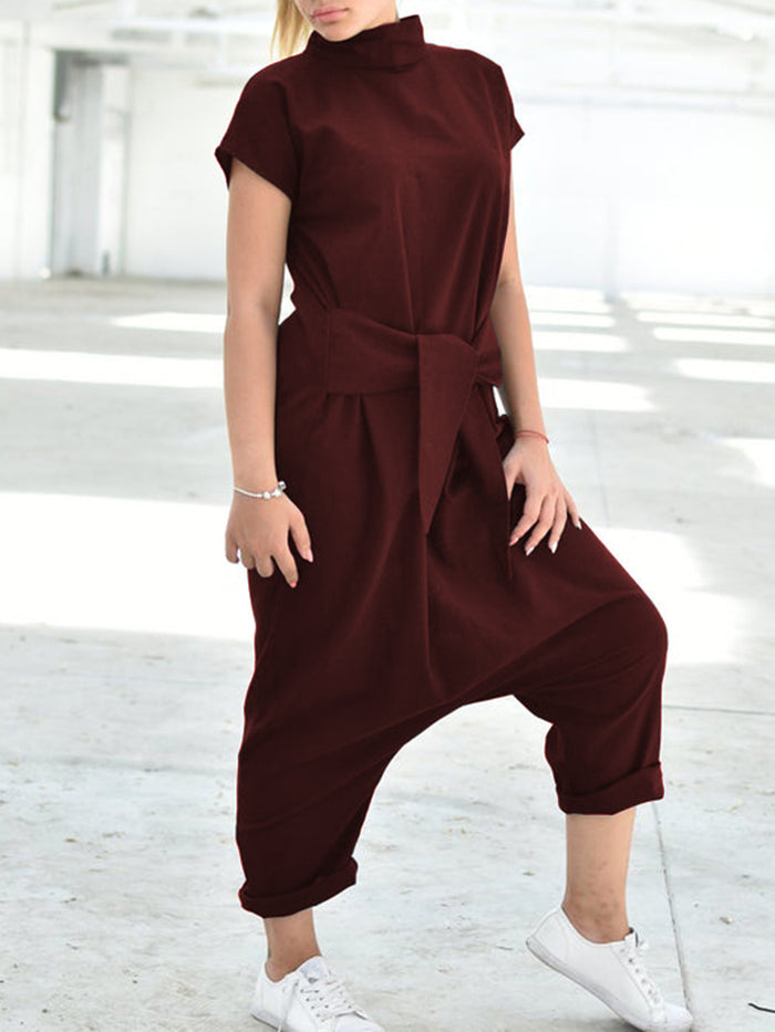 Casual Loose Solid Color Short Sleeve Jumpsuit