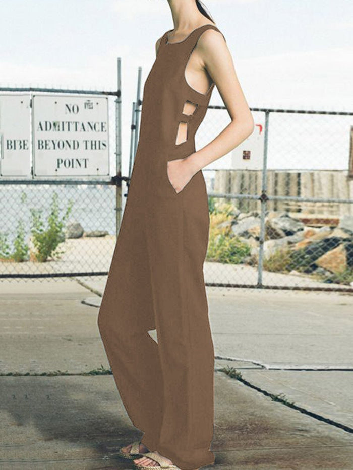 Casual Loose Solid Color Sleeveless Cutout Jumpsuit