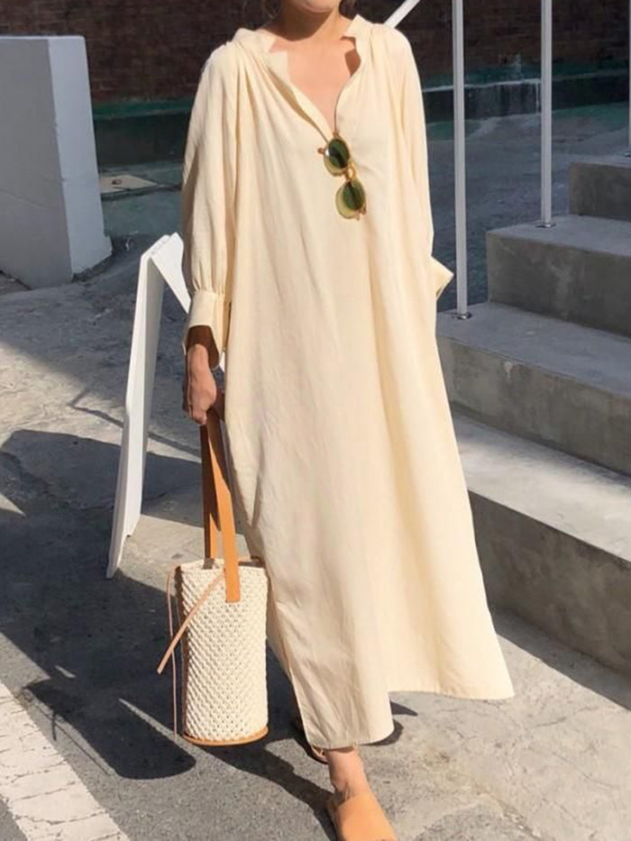 Casual Loose Solid Color V-neck Long Sleeve Dress