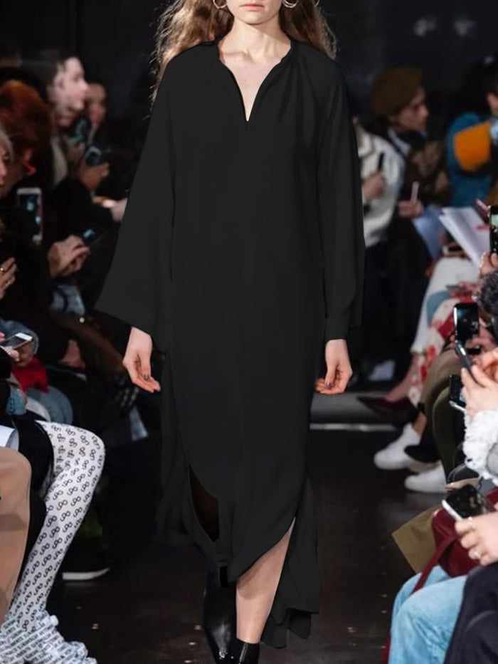 Casual Loose Solid Color V-neck Long Sleeve Dress