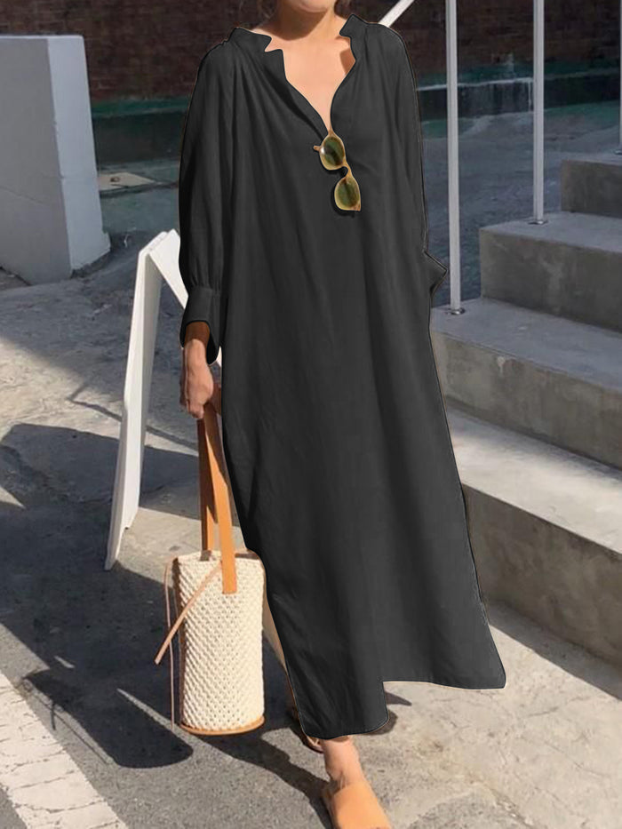 Casual Loose Solid Color V-neck Long Sleeve Dress