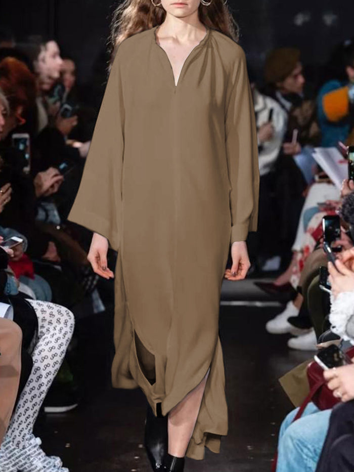 Casual Loose Solid Color V-neck Long Sleeve Dress