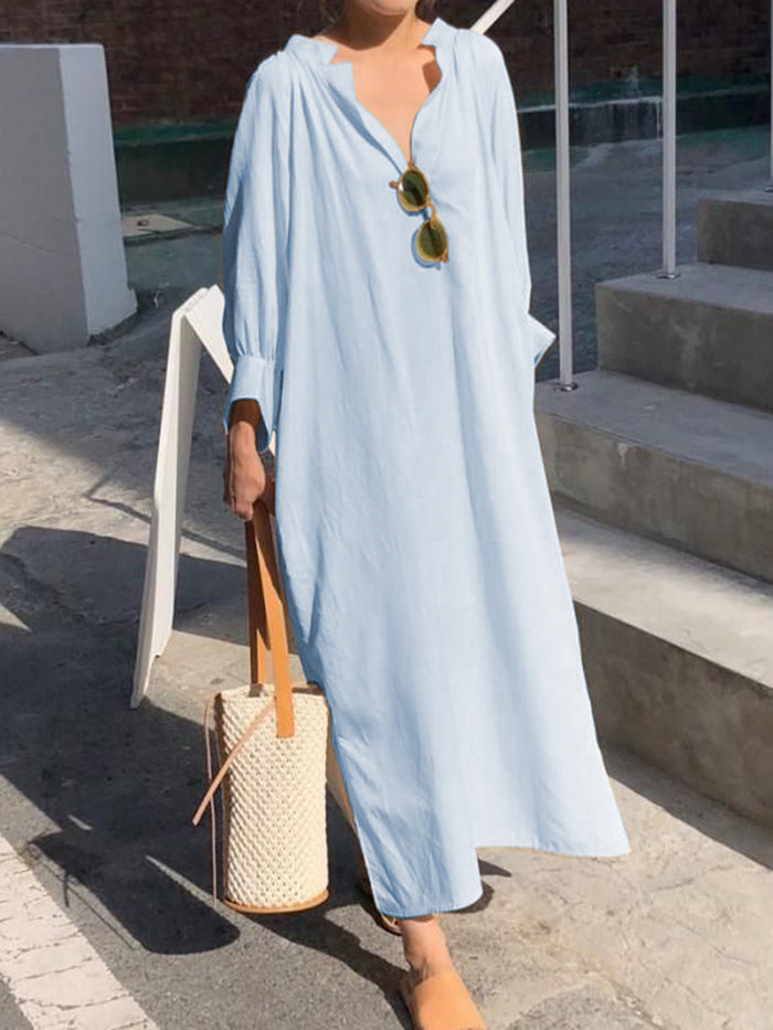 Casual Loose Solid Color V-neck Long Sleeve Dress