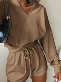 Casual Loose Solid Color V-neck Long Sleeve Two-piece Suit