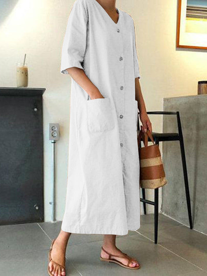 Casual Loose Solid Color V-neck Short Sleeve Dress
