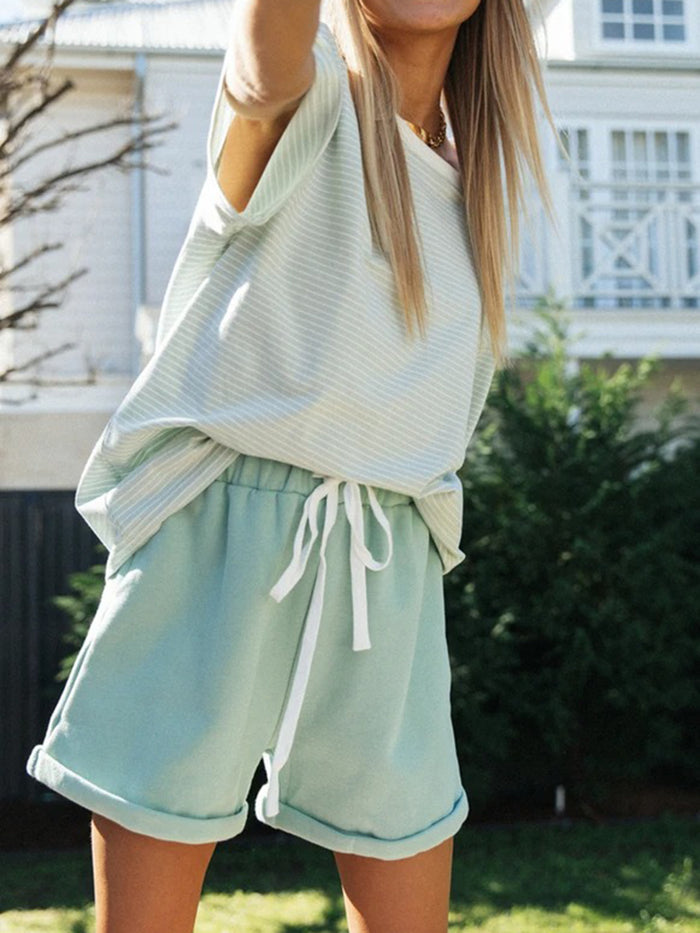 Casual Loose Striped Round Neck Two-piece Suit
