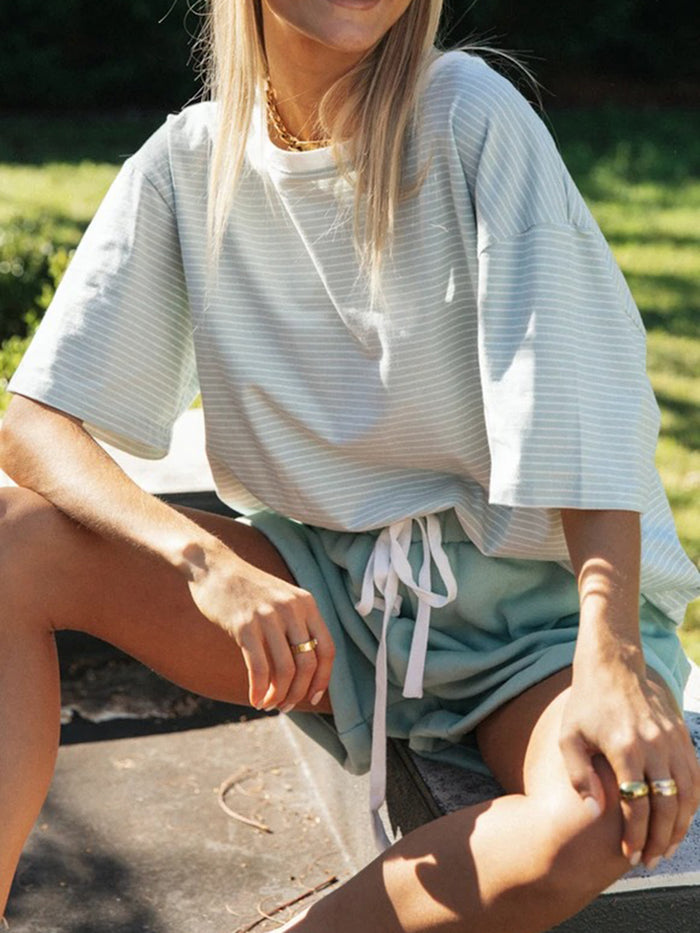 Casual Loose Striped Round Neck Two-piece Suit