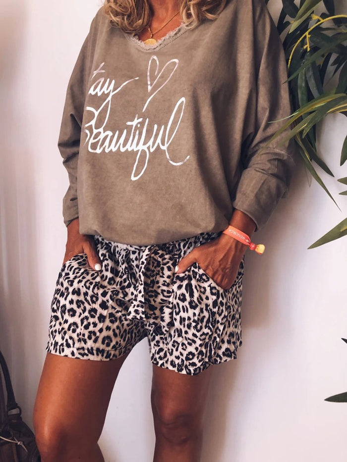Casual Loose Top Leopard Print Shorts Set