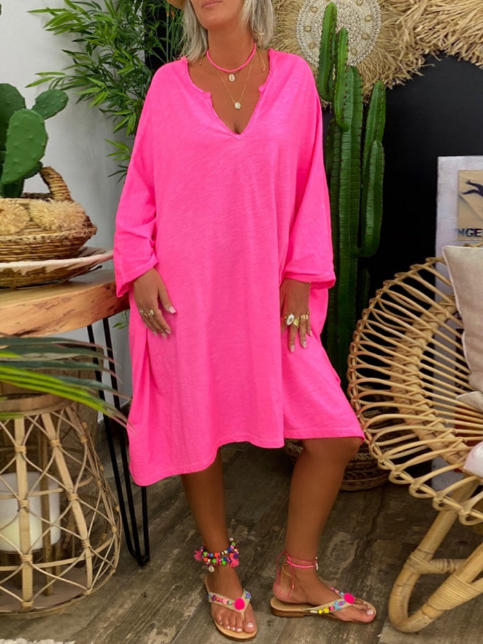 Casual Loose V Neck Long Sleeve Midi Dress