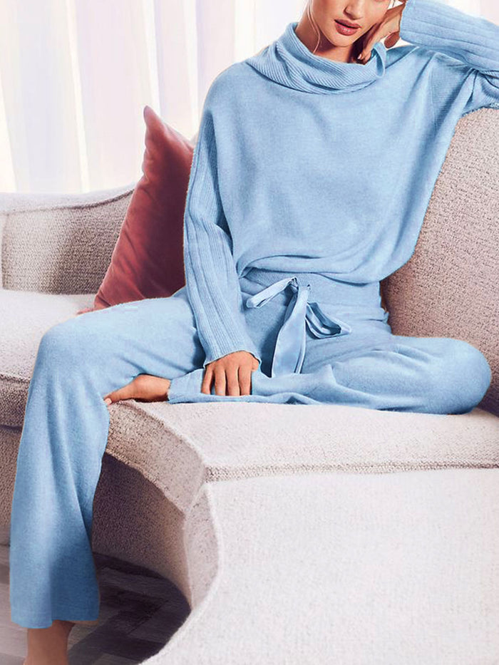 Casual Simple High Neck Long Sleeve Top Pants Knit Suit