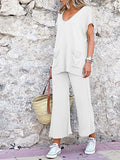 Casual Simple Loose V Neck Top Pants Knitted Suit