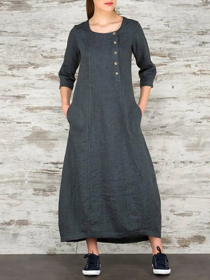 Casual Solid Color Button Design Dress