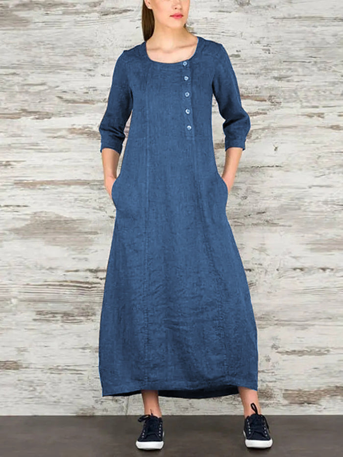Casual Solid Color Button Design Dress