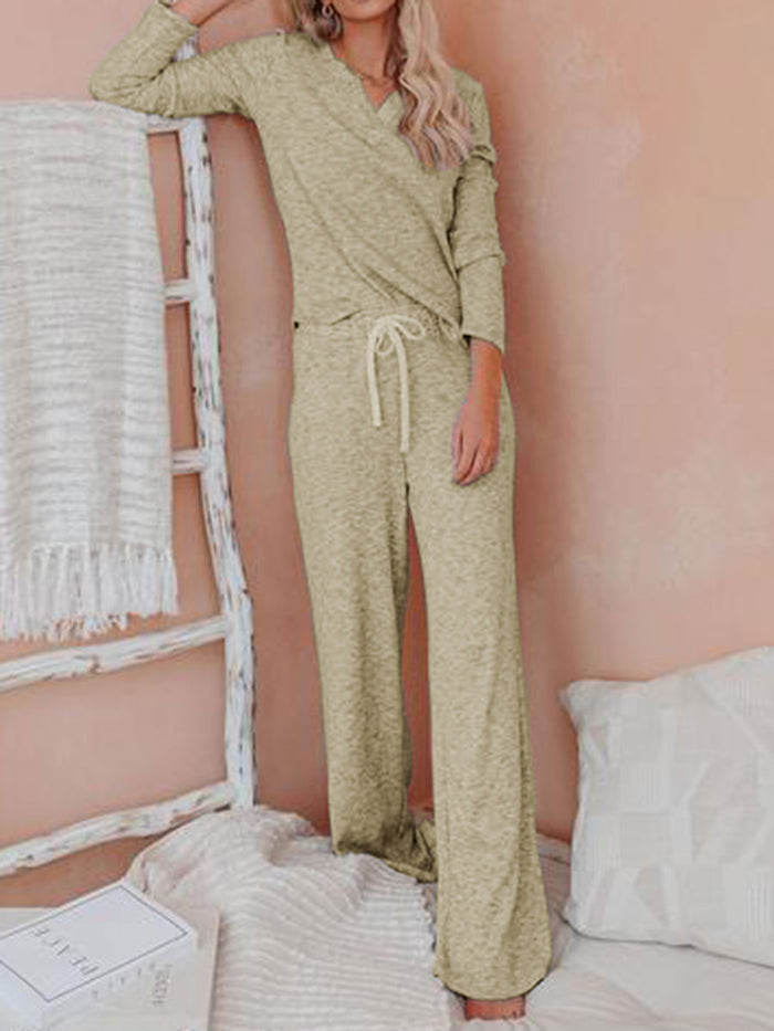 Casual Solid Color Lace-up V-neck Two-piece Suit