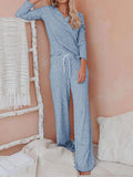 Casual Solid Color Lace-up V-neck Two-piece Suit