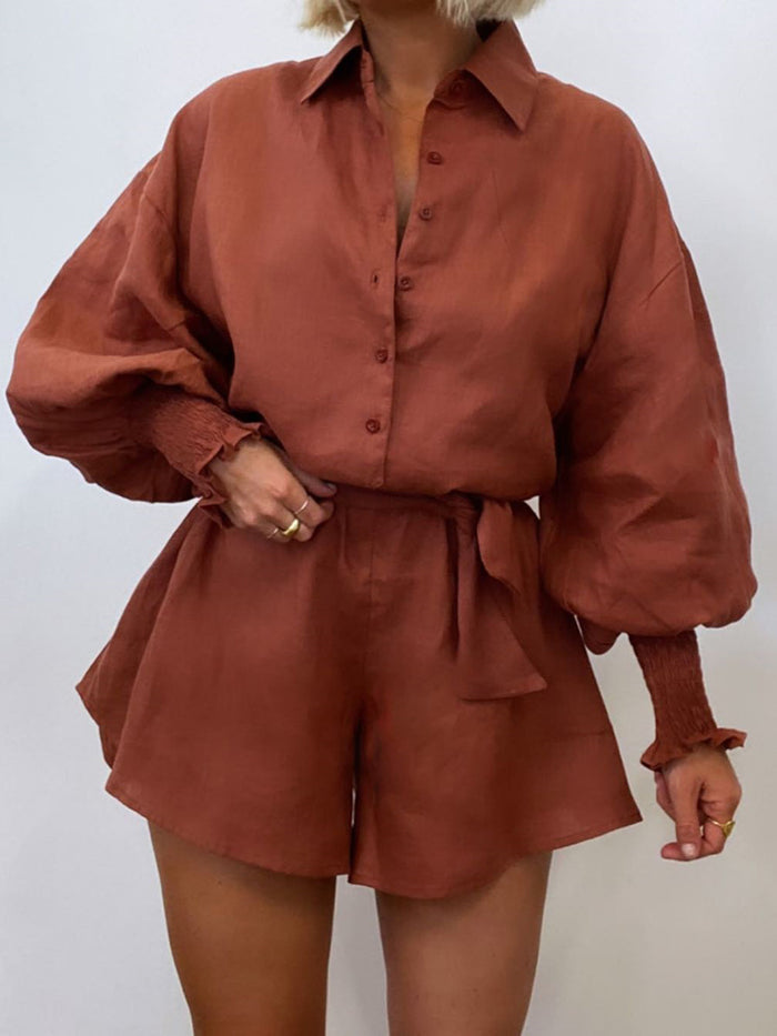 Casual Solid Color Lapel Puff Sleeve Tie Jumpsuit
