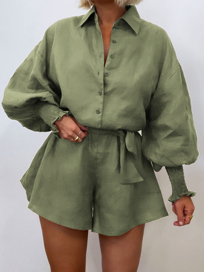 Casual Solid Color Lapel Puff Sleeve Tie Jumpsuit