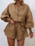 Casual Solid Color Lapel Puff Sleeve Tie Jumpsuit