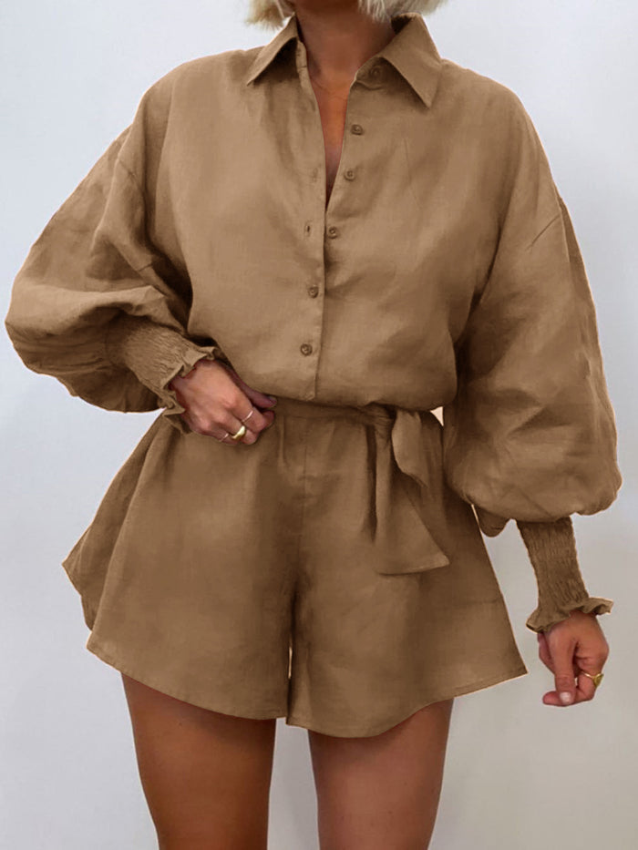 Casual Solid Color Lapel Puff Sleeve Tie Jumpsuit