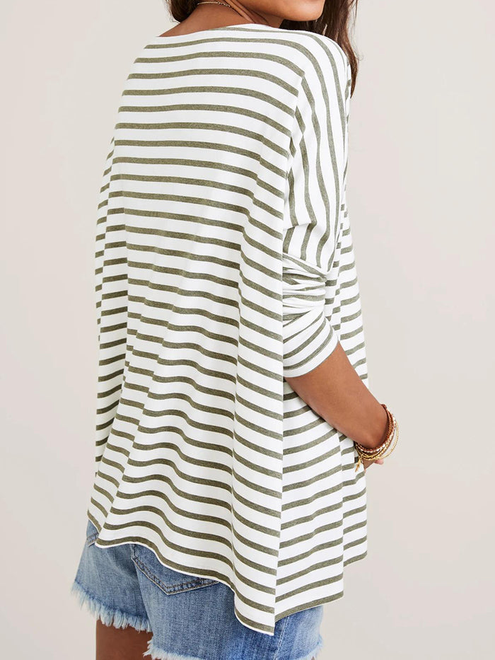 Casual Solid Color Long-sleeved Striped Printed Maternity Top