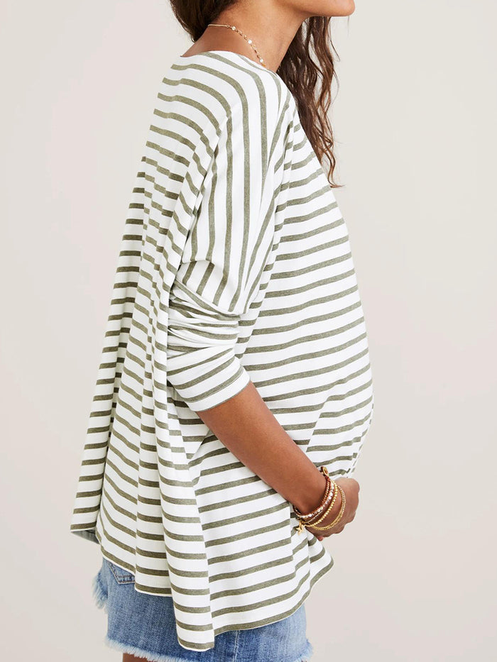 Casual Solid Color Long-sleeved Striped Printed Maternity Top