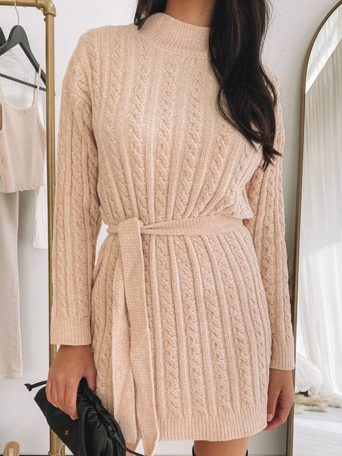 Casual Solid Color Round Neck Wool Dress