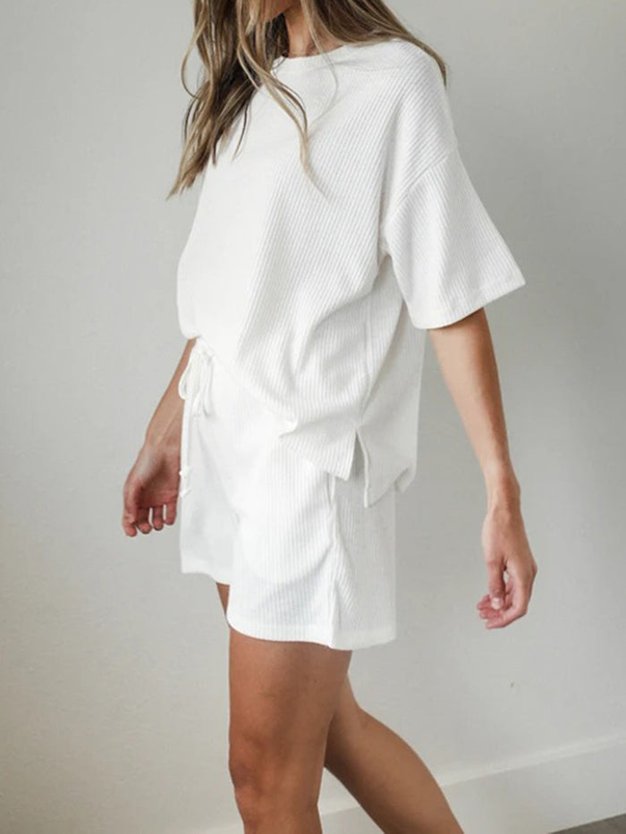 Casual Solid Color Short Sleeve Round Neck Two-piece Suit