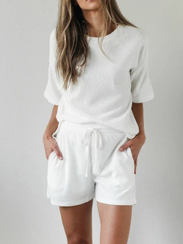 Casual Solid Color Short Sleeve Round Neck Two-piece Suit