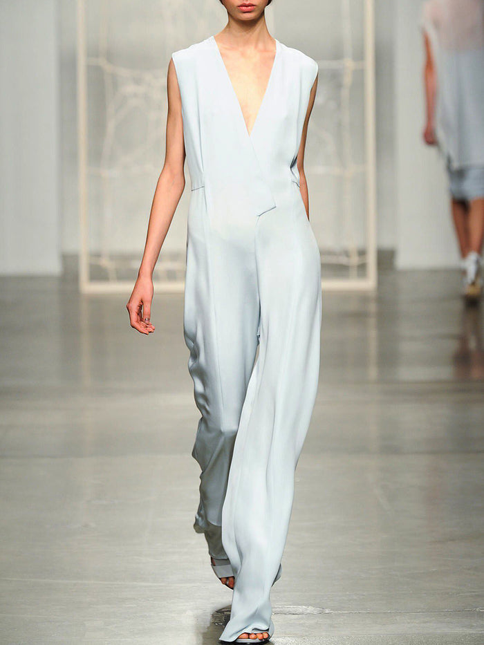 Casual Solid Color Sleeveless V-neck Strappy Jumpsuit