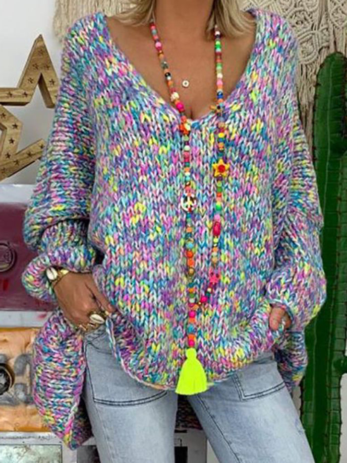 Casual V-neck Color Block Bat Sleeve Loose Sweater