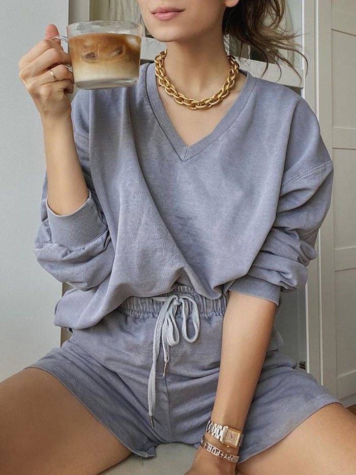 Casual V-neck Long Sleeve Solid Color Two-piece Suit