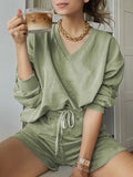Casual V-neck Long Sleeve Solid Color Two-piece Suit