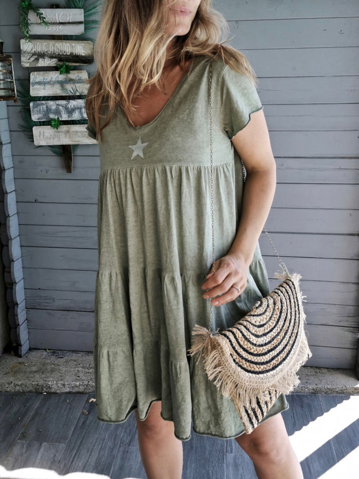 Casual V-neck Short Sleeve Star Print Dress