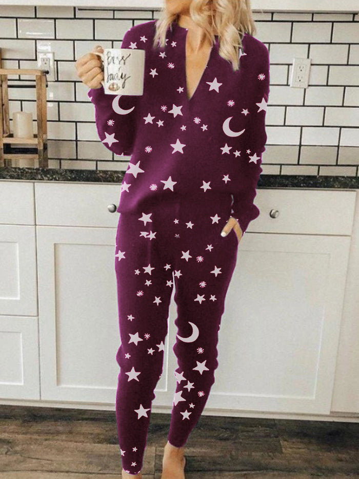 Casual V-neck Star Print Two-piece Suit