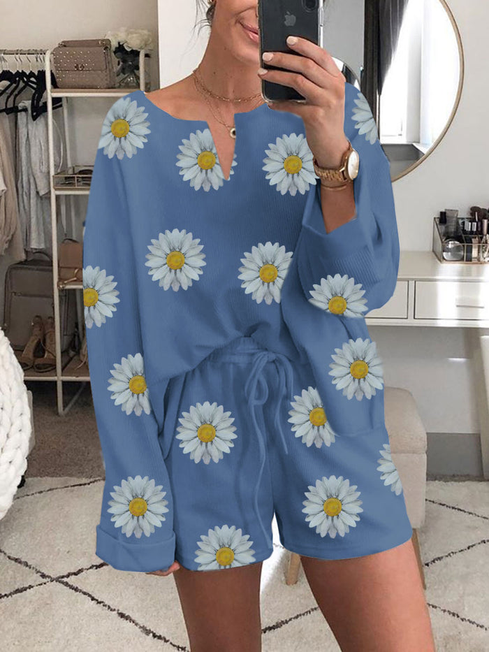 Casual Wild Chrysanthemum Print Two-piece Set