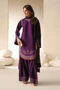 Cecily Mulberry 3-piece Cotton Sateen casual outfit with embroidered shirt, shalwar and Crinkle dupatta.