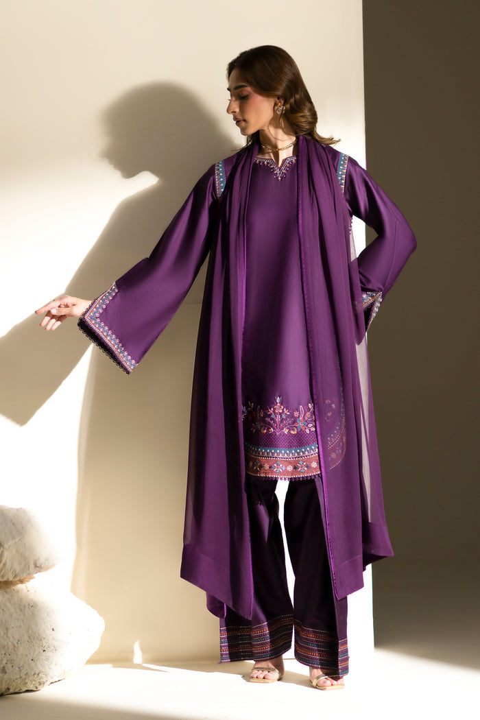 Cecily Mulberry casual outfit full view with embroidered Cotton Sateen shirt, shalwar and flowing Crinkle dupatta.