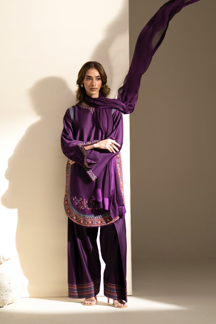 Cecily Mulberry 3-piece outfit styled with flowing Crinkle dupatta and embroidered shirt border.