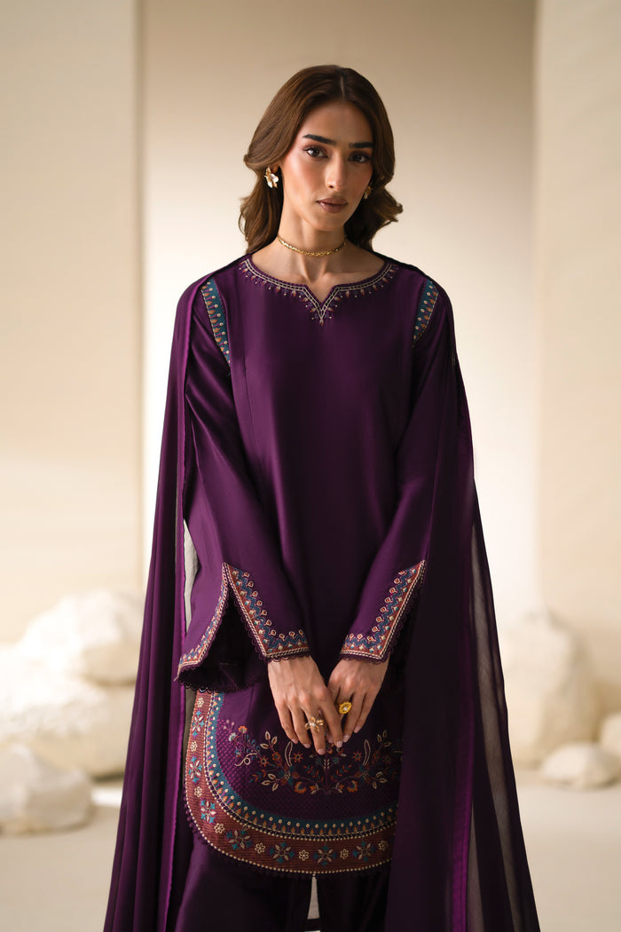 Front detail of Cecily Mulberry Cotton Sateen shirt with embroidered neckline, sleeves and lower border.