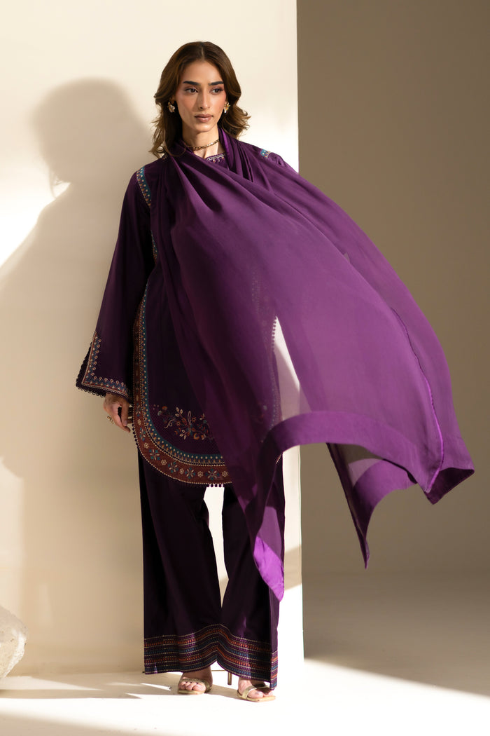 Cecily Mulberry casual set with Crinkle dupatta displayed in a wide flowing drape.
