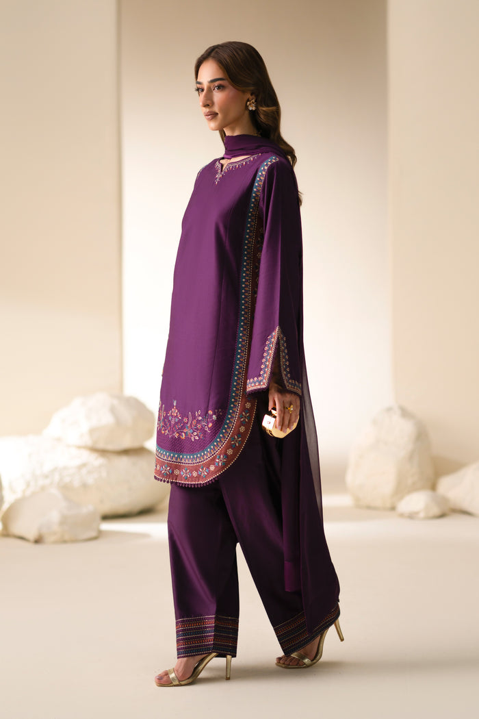 Side view of Cecily Mulberry Cotton Sateen shirt and shalwar with coordinated embroidery.