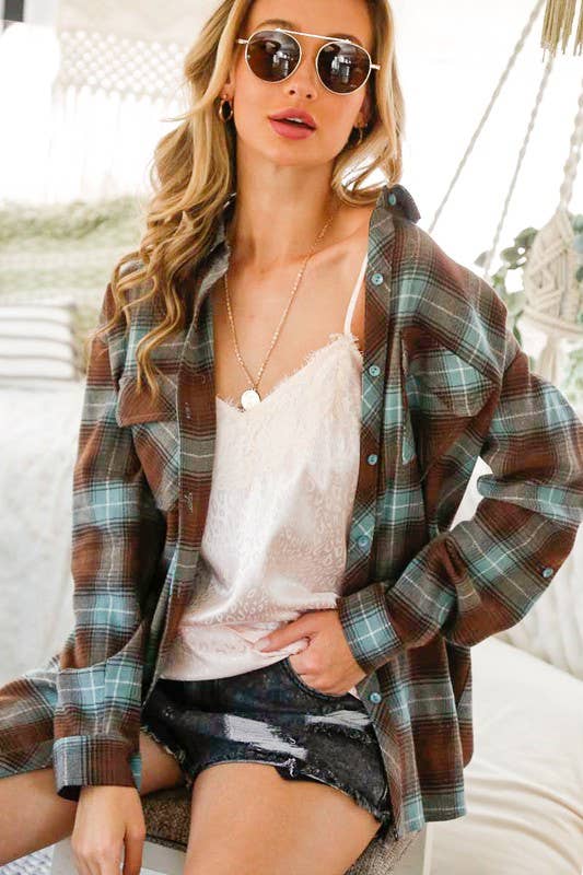 Collared Pocket Detail Roll-Up Cotton Plaid Shirt
