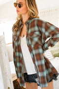 Collared Pocket Detail Roll-Up Cotton Plaid Shirt