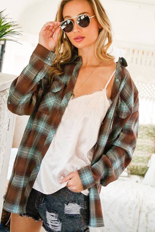 Collared Pocket Detail Roll-Up Cotton Plaid Shirt
