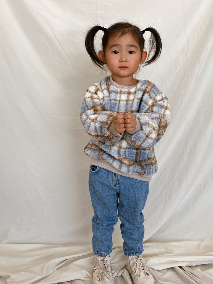 Cozy Check Sherpa Sweater  /  Blue - Sun Peony Coconut