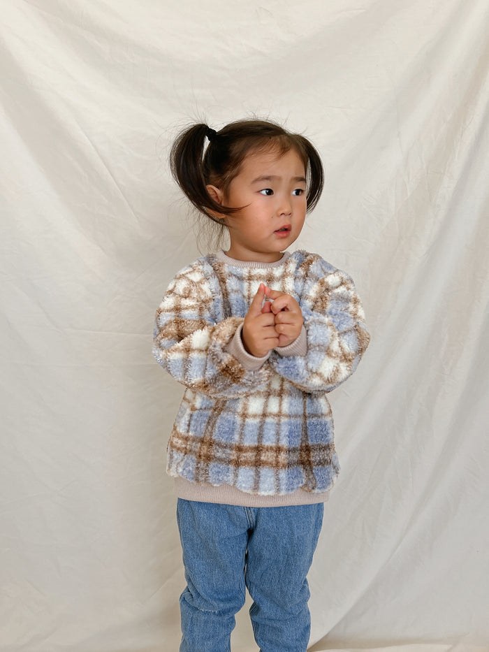 Cozy Check Sherpa Sweater  /  Blue - Sun Peony Coconut