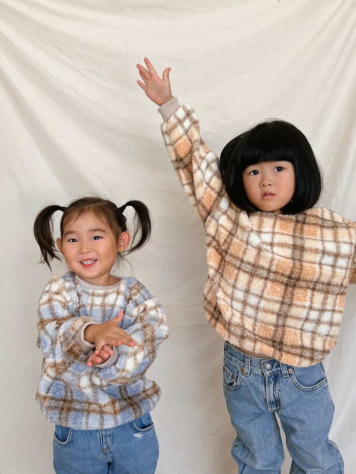 Cozy Check Sherpa Sweater  /  Blue - Sun Peony Coconut